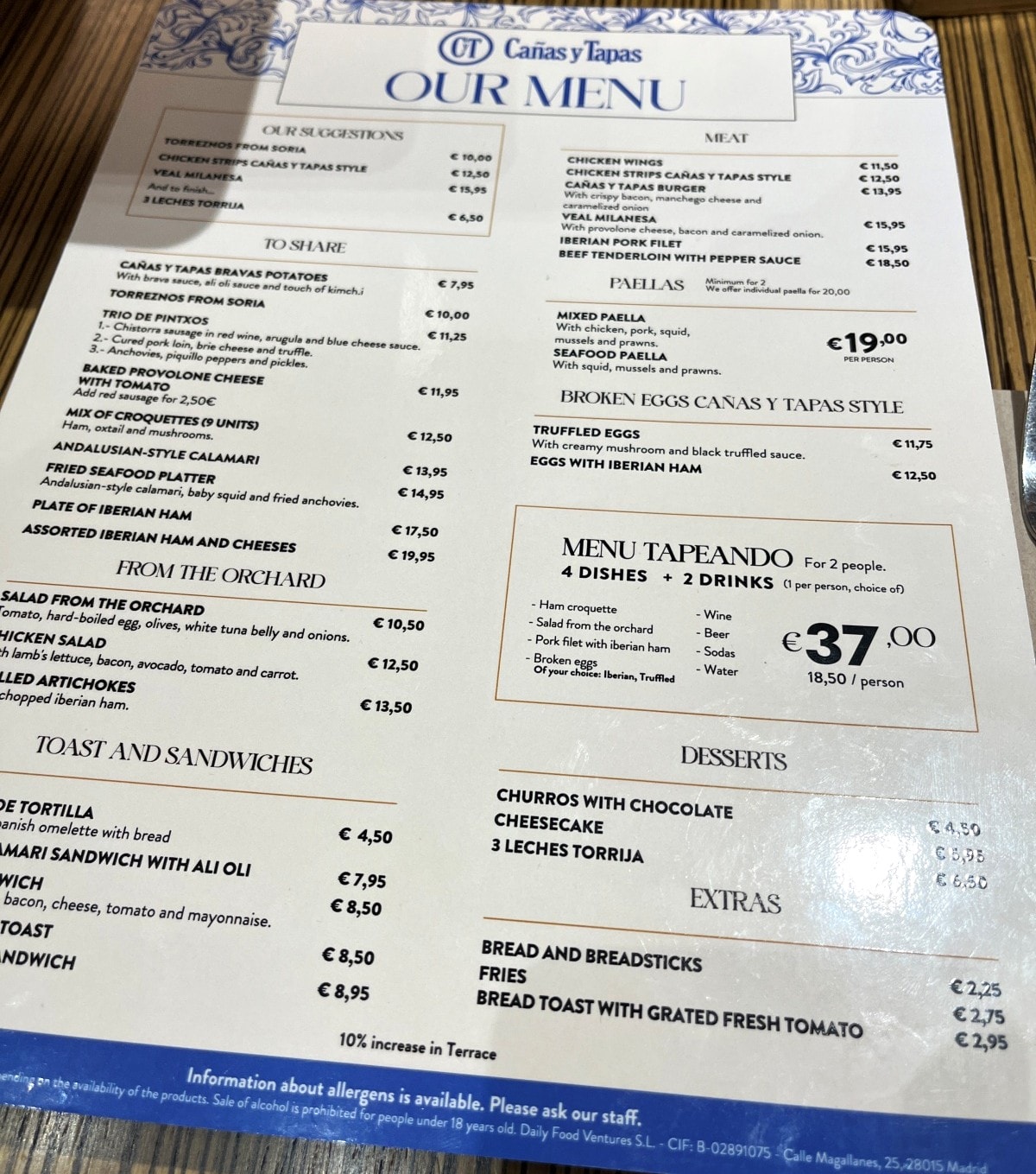 馬德里 Tapas 推薦|Cañas y Tapas 太陽廣場店:新手必訪平價連鎖餐廳 - 第8張圖 菜單